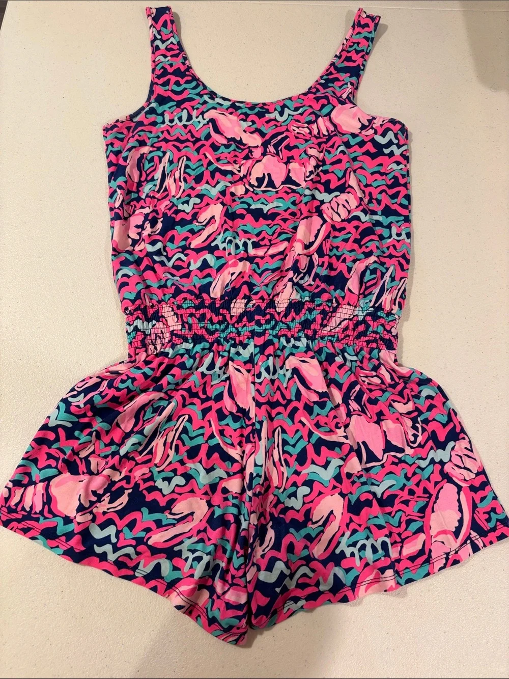 Lilly Pulitzer Navy Romper with Pink and Teal Print